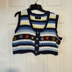 Cider Blue and White Knit Vest with Floral Details
